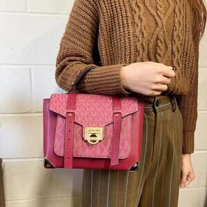 Michael Kors 35F1GNCS6V Manhattan Medium Leather and Logo Satchel in Berry Multi